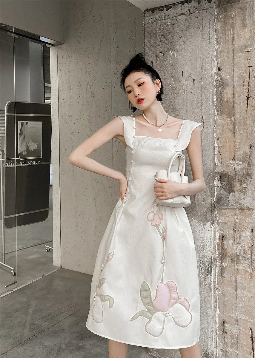 

DALMAZZO Original Designer Vintage French Jacquard Long Dress Women Square Collar Sleeveless Printed Summer Dresses Female