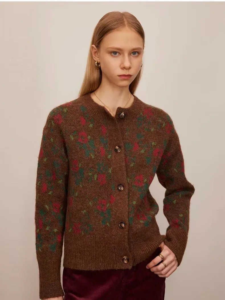 

Brown Color Floral Cardigans For Women, Autumn Full Sleeves Sweater, Knitted Vintage Jumper, vestidos para mujer, Traf , Clothes