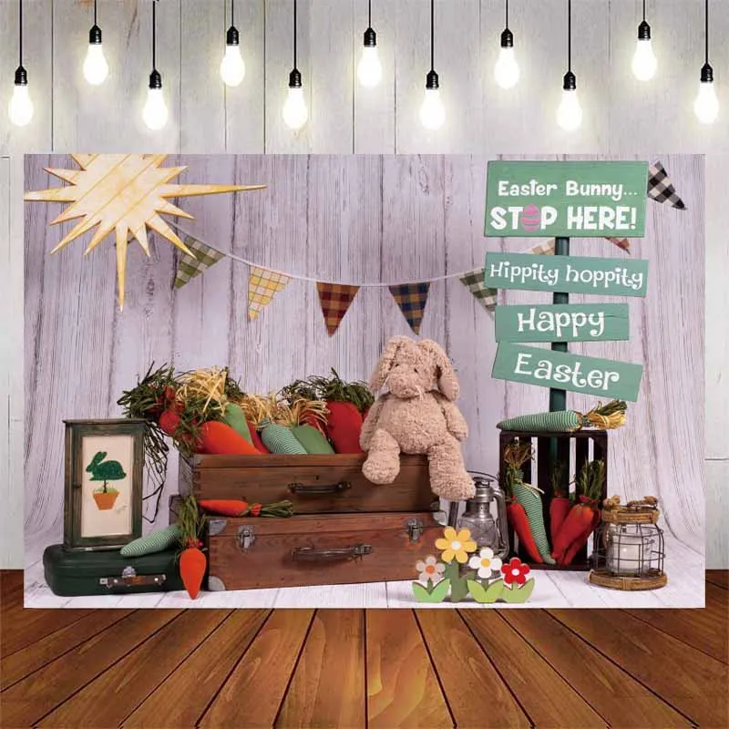 

Spring Bunny Easter Garden Backdrop Rabbit Egg Carrot Sun Decorations Wooden Box Photo Photography Backgroungs Wallpaper Props