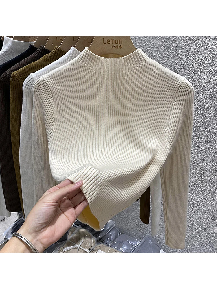 

Однотонный базовый короткий свитер с воротником «хомут», женский весенний Повседневный облегающий вязаный пуловер, корейский модный топ с длинным рукавом, новинка 2023
