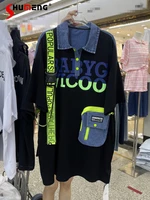 korean female clothing summer denim stitching letter print midi dresses streetwear all match loose creative dress for women 2022