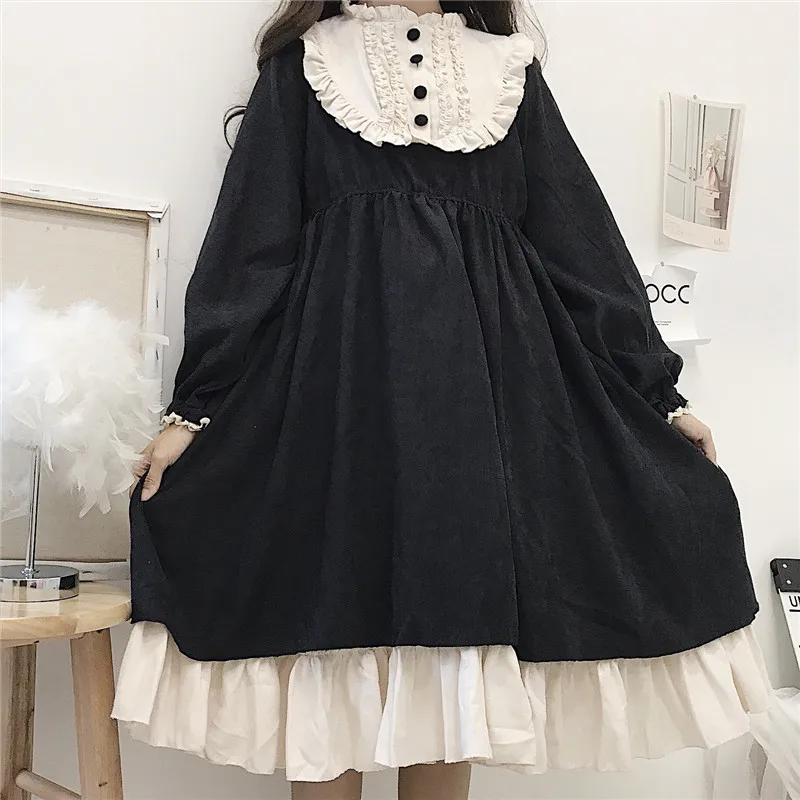 

Japanese Style 2021 Autumn Women Dresses O-Neck High Waist Slimming Contrast-Color Ruffled Kawaii Cute Sweet Lolita Dress black