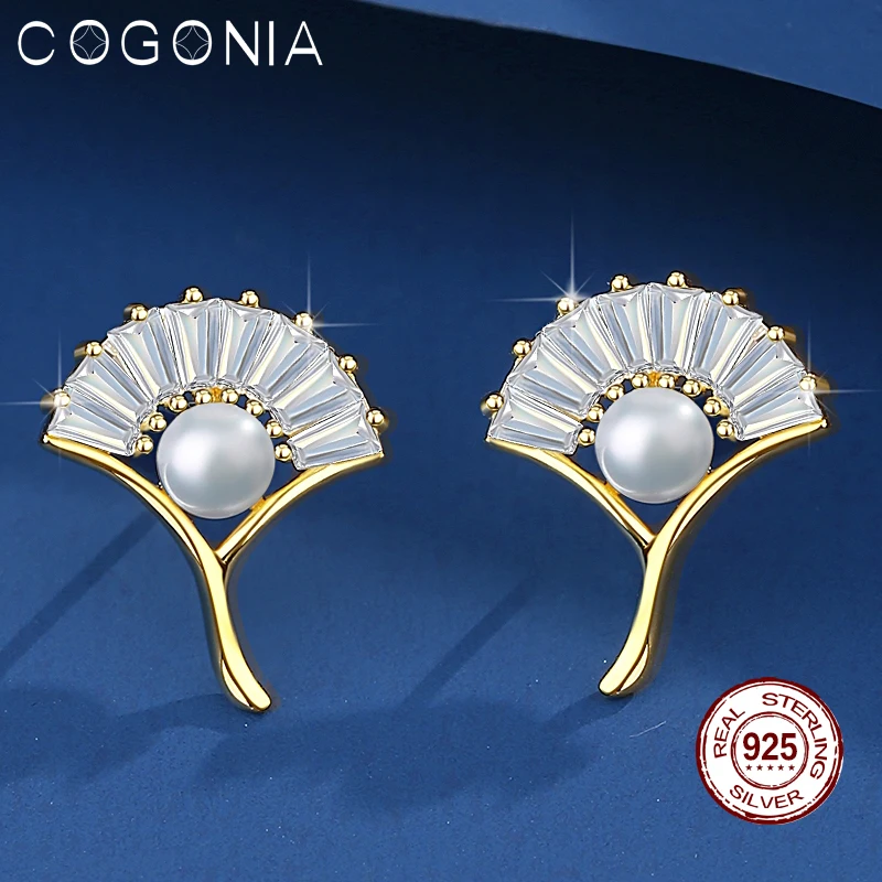

Cogonia Certified 925 Sterling Silver Ginkgo Leaf Pearl Stud Earrings Luxury Zircon Real Gold Plated Earring Fine Jewelry Gift