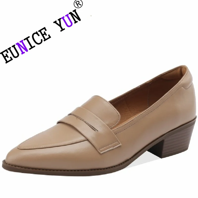 

【EUNICE YUN】2023 New Spring/Autumn Women Shoes Sheep Leather Pointed Toe Chunky Heel Loafers Shoes for Low Heels Handmade 34-41