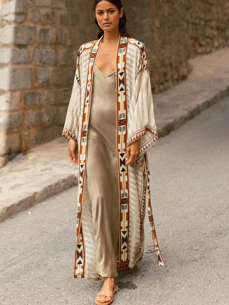 

HuaYan 2023 Beach Kimono Cover-up Loose Swimsuit Cover Up Front Open Belt Kaftan Robe Plage Beach Pareos Dress Tunic Beach Wear