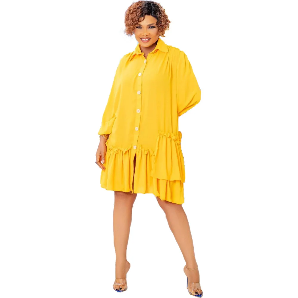 

African Shirt Dresses Women Full Sleeve Turn Down Collar Robes Fashion New Solid Ruffle Splice Loose Casual African Dress 2023