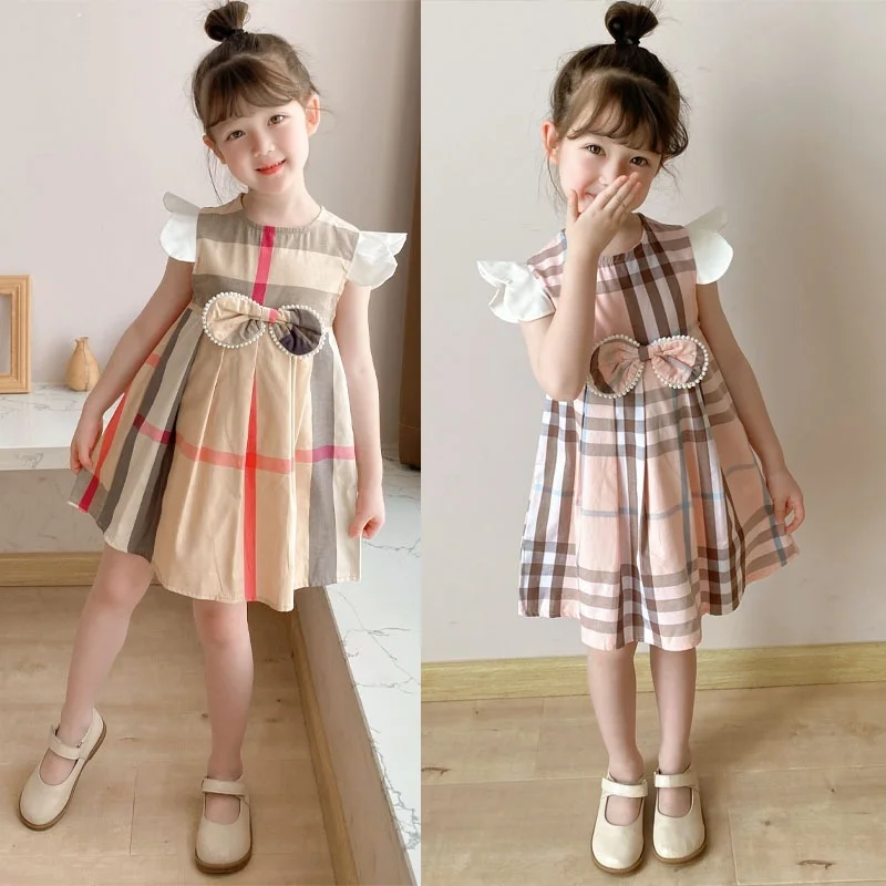 

2022 Summer New Children's Plaid Flying Sleeve Dress Cotton Cute Children's Princess Dress Party Birthday Outfits Vestidos 3-8Y
