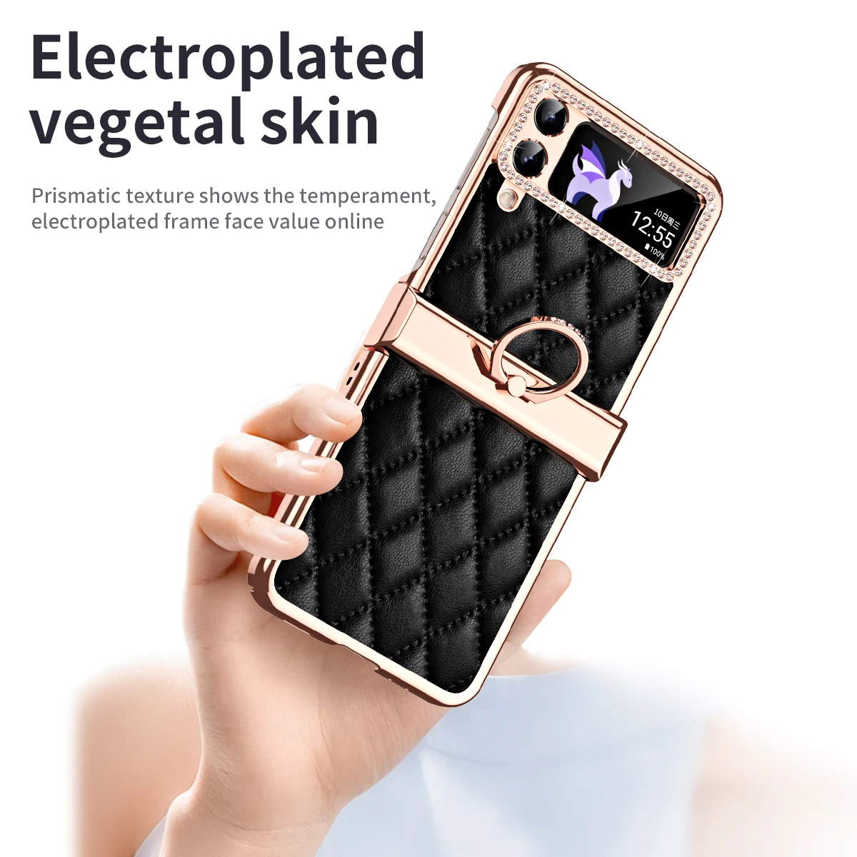 For Samsung Galaxy Z Flip 4 5G Case Flash Electroplated Plain Leather Finger Bracket Folding Hingle Shockproof Cover Accessory