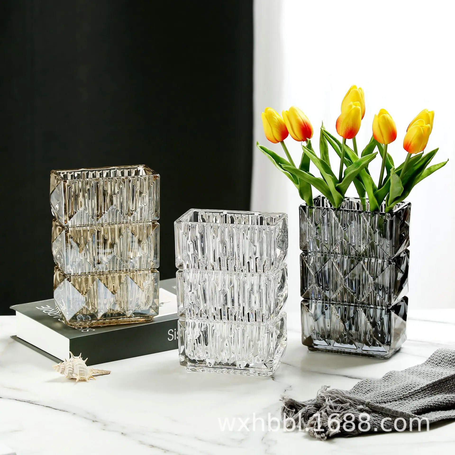 

New Bright Crystal Thickened Rectangular Vase Home Living Room Dining Table Decoration Flowers Flower Arrangement Utensils