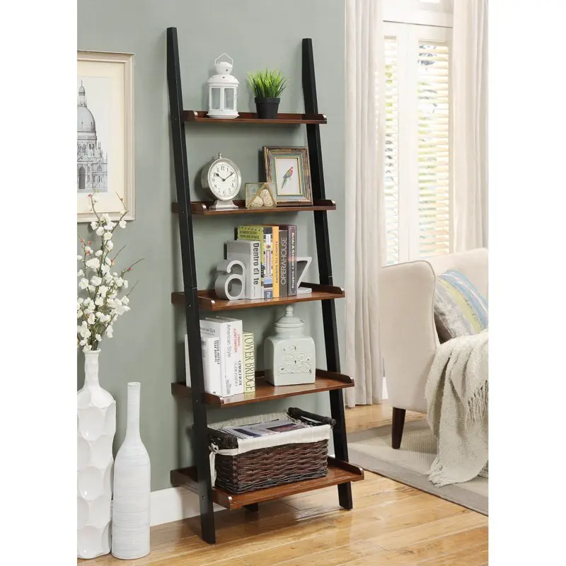 

French Country Bookshelf Ladder, Dark Walnut / Black Modern Shelves Shelving Bookcase Stable