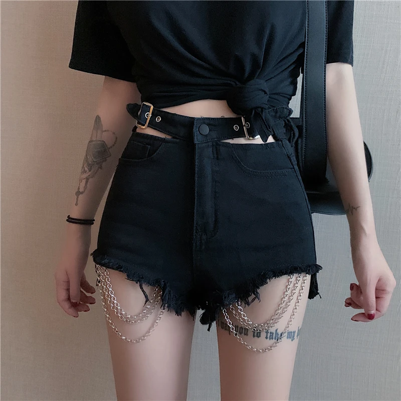 Pantalones cortos de mezclilla con cadena para mujer, Shorts clásicos góticos con agujeros negros, estilo Harajuku, Punk, Hip Hop, primavera y verano, 2022