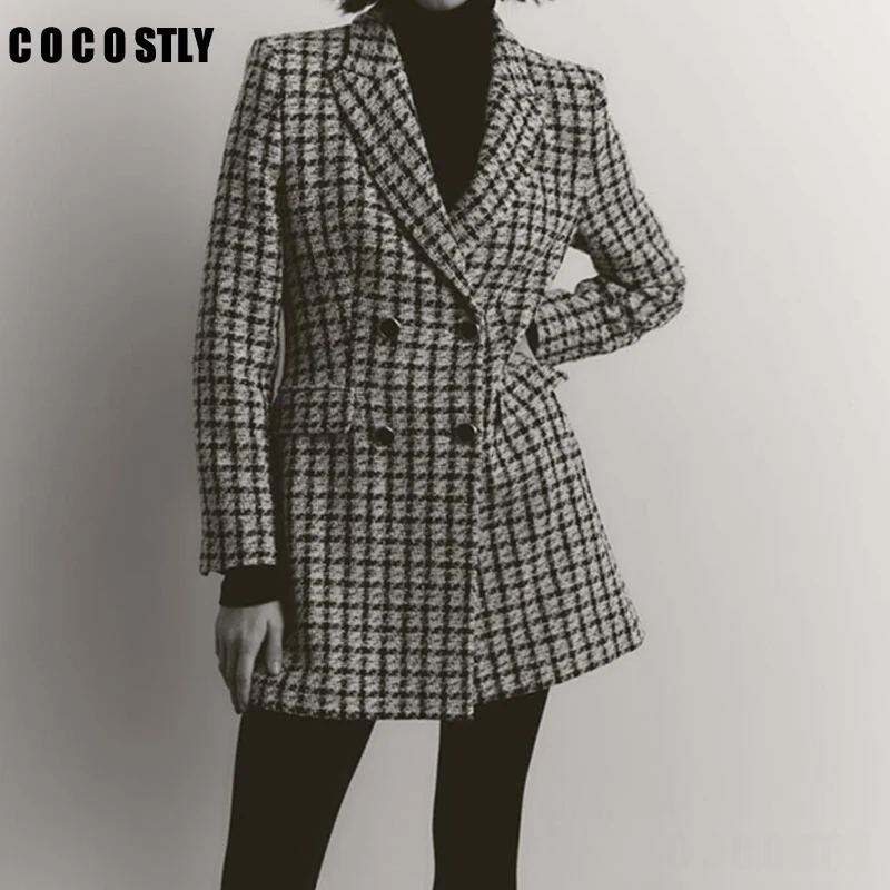 

New Blazer Women Fashion Long Plaid Tweed Blazer Vintage Long Sleeve Flap Pockets Tweed Jacket Female Outerwear Veste Femme