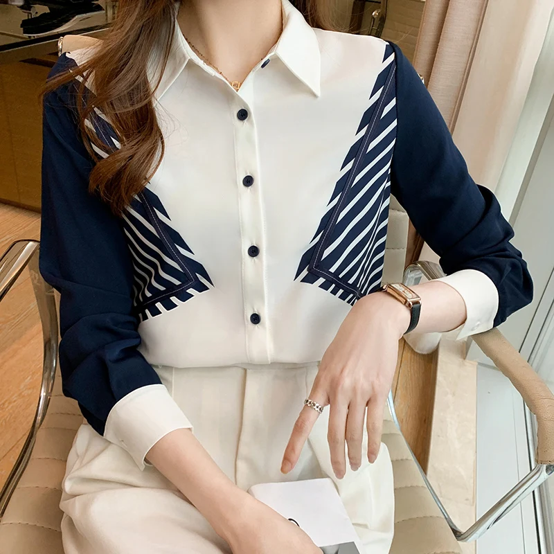 

Шифоновая женская блузка, Летняя Повседневная Свободная рубашка-поло с длинным рукавом и принтом