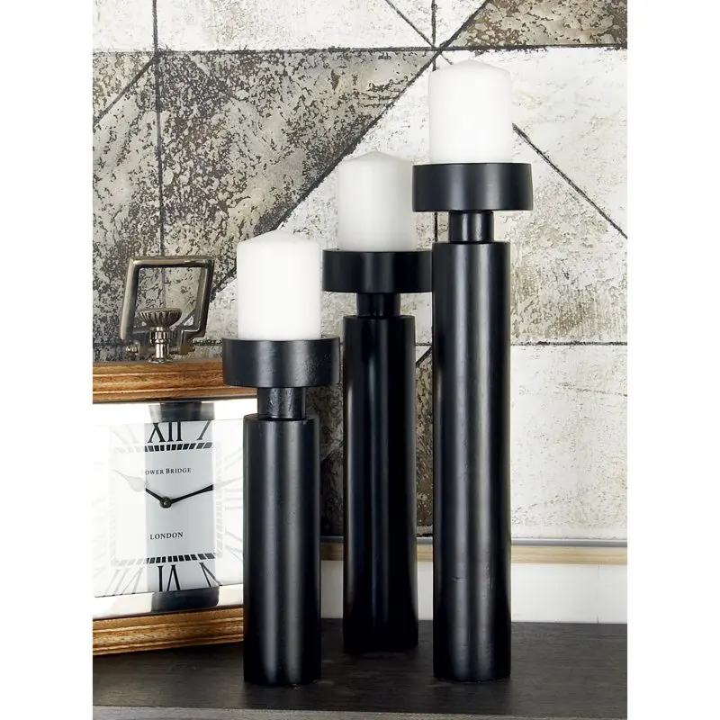 3 Candle Black Mango Wood Pillar Candle Holder, Set of 3