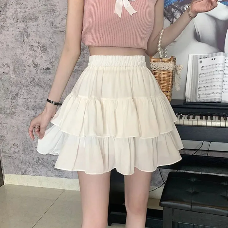 

GIDYQ Pleated A Line White Skirt Women Ruffles Sweet Cute Preppy Style Elastic High Waist Mini Short Skirt Thin Casual Skirts