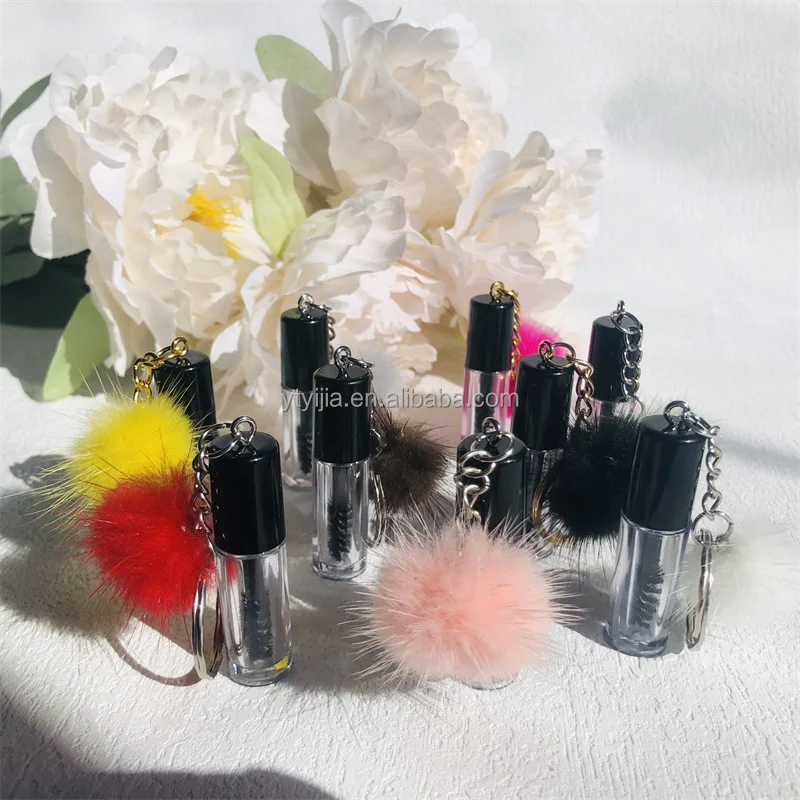 New Popular Vogue Mini Eyelash Brush Custom Logo Key Ring Mini Mascara Wand With puff ball Pink White Black