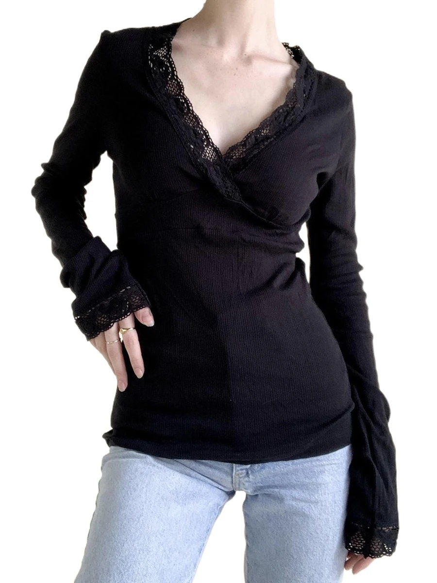 

Women Fashion Wild T-Shirts Lace Patchwork V-Neck Long Sleeve Knitted Tops Spring Autumn Slim Fit Shirts