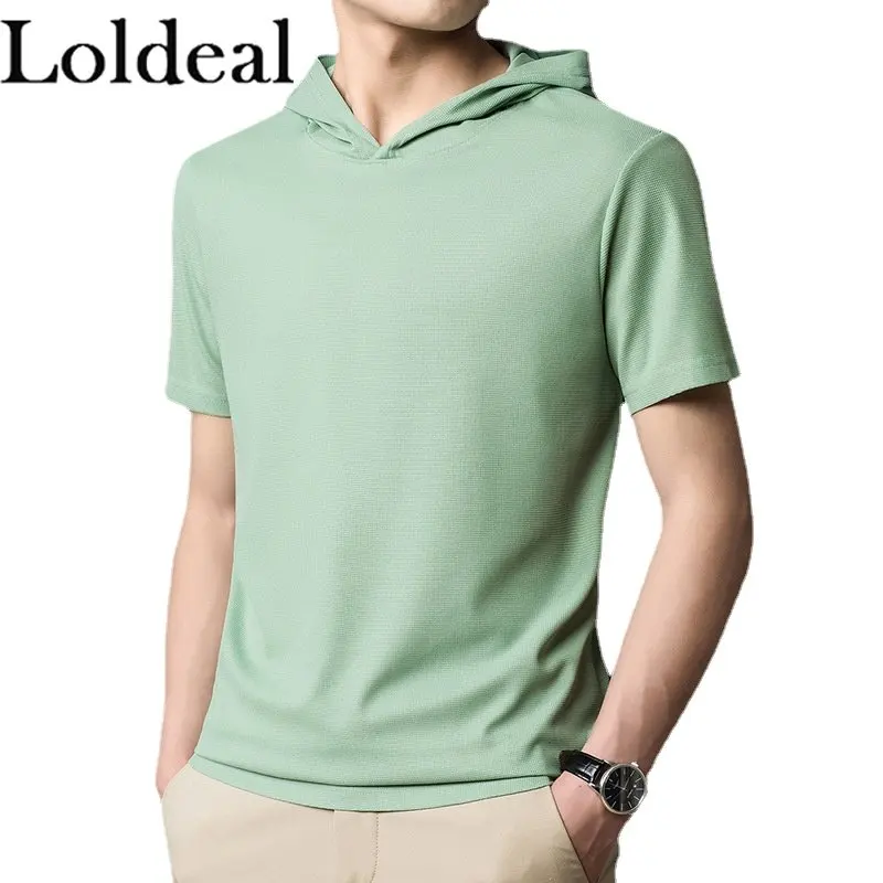 

Men Short Sleeve Hoodie Relaxed Fit Fashion Casual Sweatshirts Lightweight Hip Hop Streetwear T Shirts