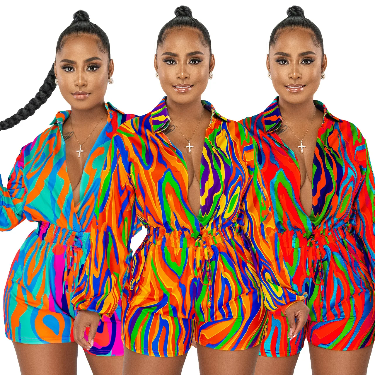 Женский комбинезон с длинным рукавом отложным воротником и ярким принтом -