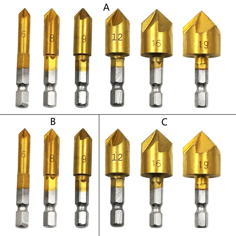 

6PC Hexagonal Shank Titanium-plated Five-blade Chamfering Knife Reaming and Chamfering Tool Countersinking Woodworking Dropship