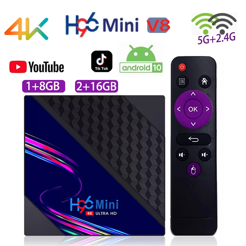 

Приставка Смарт-ТВ H96 Mini V8, 4K, Android 10, RK3228A, 2 + 16 Гб