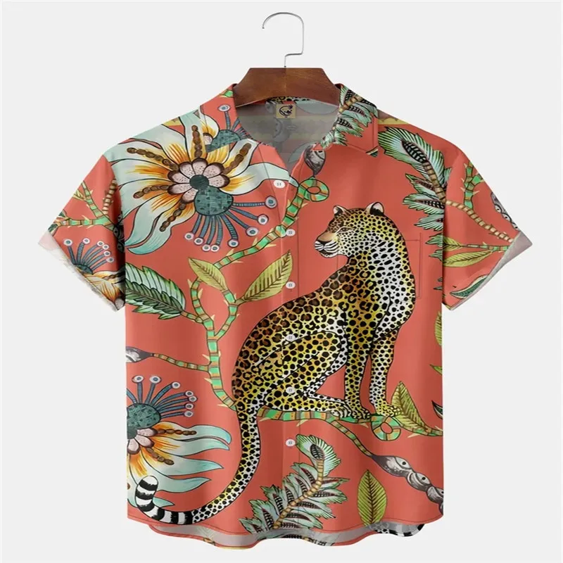 Summer high quality Mens Hawaiian Shirt 3D Animal Leopard Printed Short lapel Sleeve Big Size Hawaii Men Beach Floral Shirts