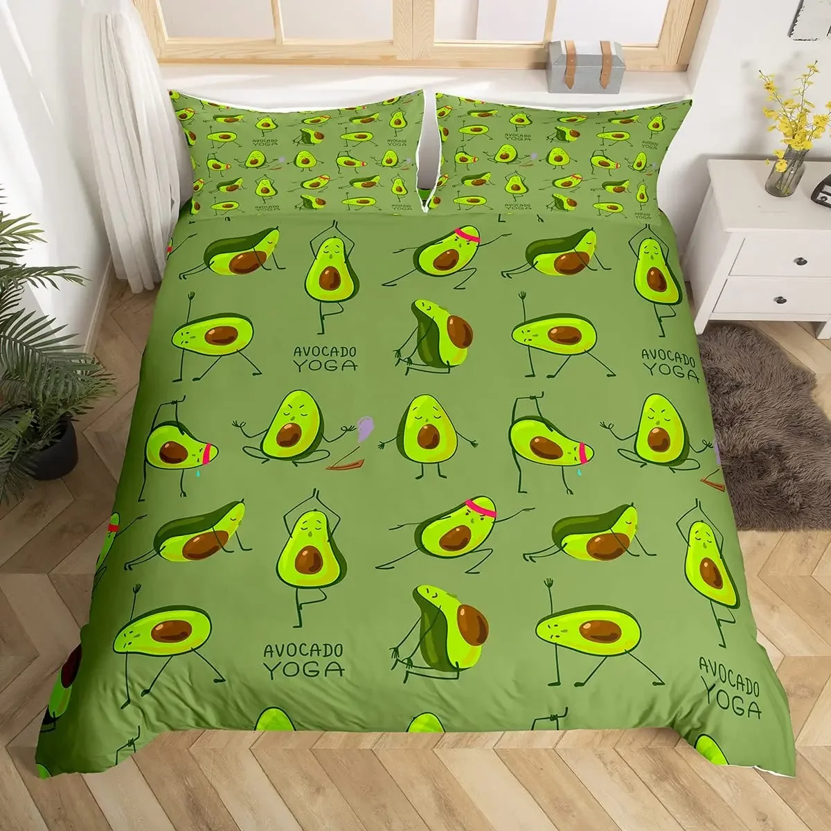Fruit Duvet Cover Set Cute Cartoon Avocado Decor 3 Piece Bedding with 2 Pillow Shams Queen King Full Size Paprika Green