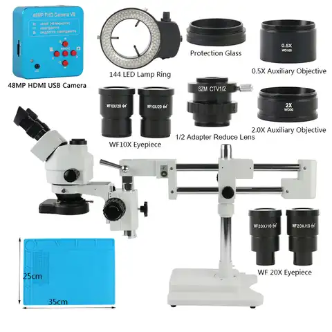 Тринокулярный стереомикроскоп с двойной стрелой и увеличением 3,5x-90X, 48 МП, 2K, HDMI, USB