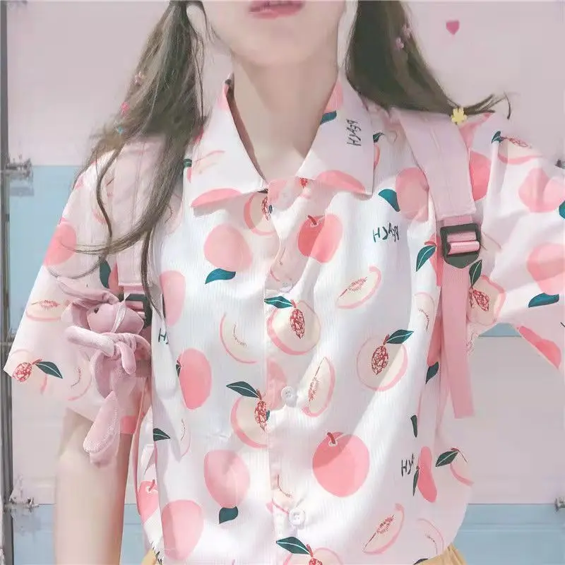 

Fruit Peach Kawaii Button Up Shirt Print Blouse Women Japan Style 2022 Summer Hawaii Graphic Cardigan Casual Shirt Cute Tops New