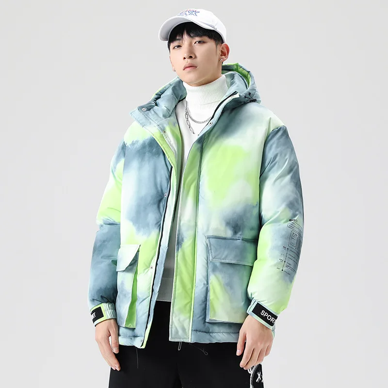 2022 Tie Dye Down Winter Coats Men Japanese Fashion Loose Thick Workwear Warm Coat Gradient Color Hooded Jackets couple clothes