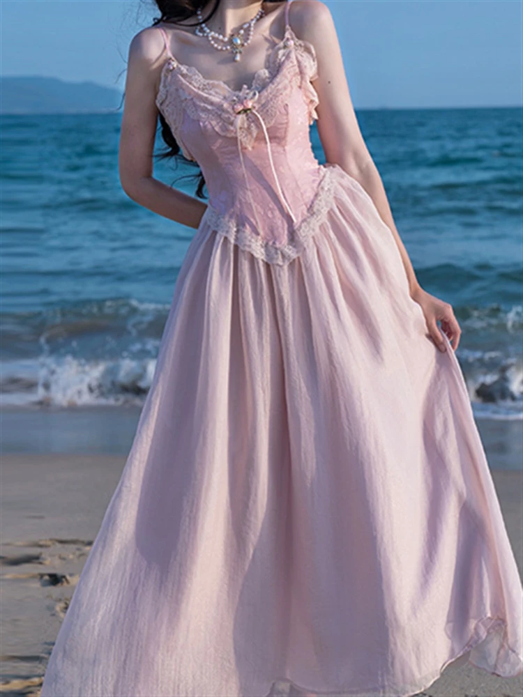 Женский сарафан на бретелях-спагетти розовое платье без рукавов с открытой