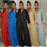 hm6601 womens jumpsuit spring and autumn streetwear fashion solid color long sleeve stitching loose wide leg jumpsuit women