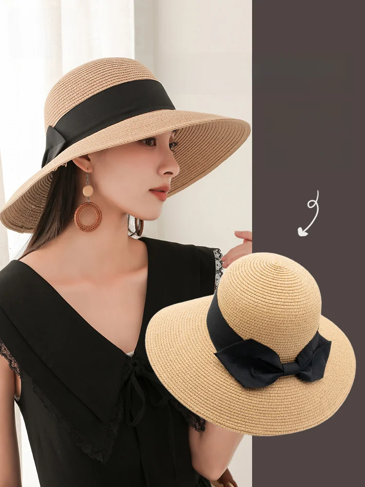 Straw Hat Women's French sle Retro Summer Travel Large Brim Beach Foldable Sun Protection UV