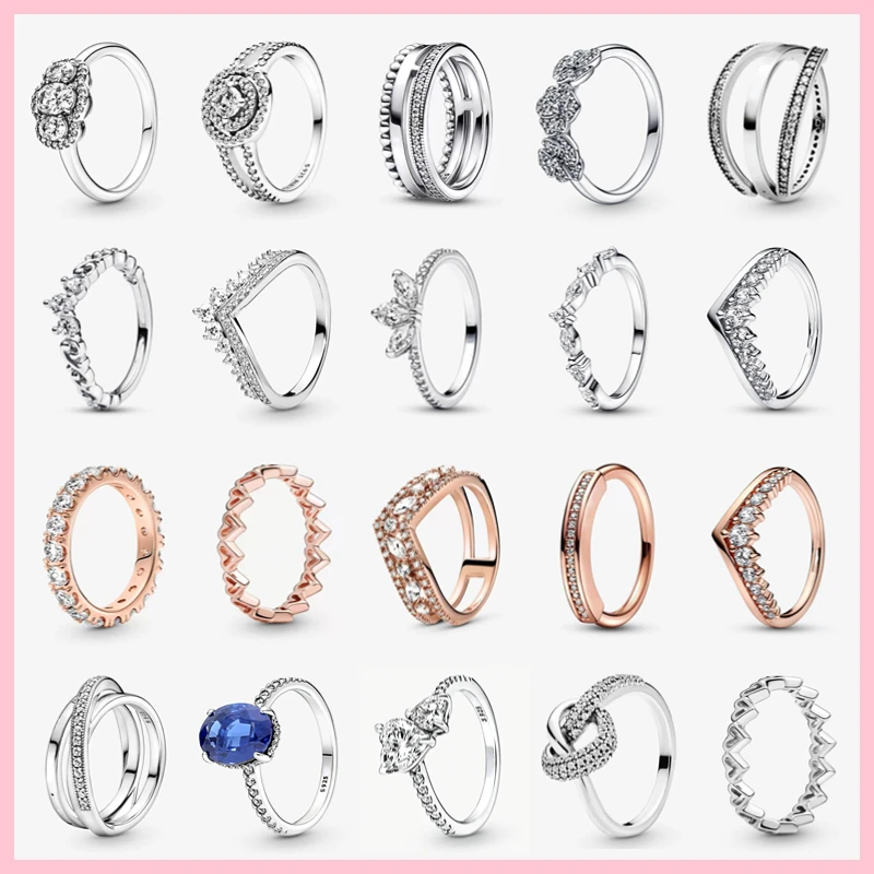 

100% 925 Sterling Silver Rings For Women Original Heart Crown Rose Gold Crystal Rings Engagement Wedding Anniversary Jewelry