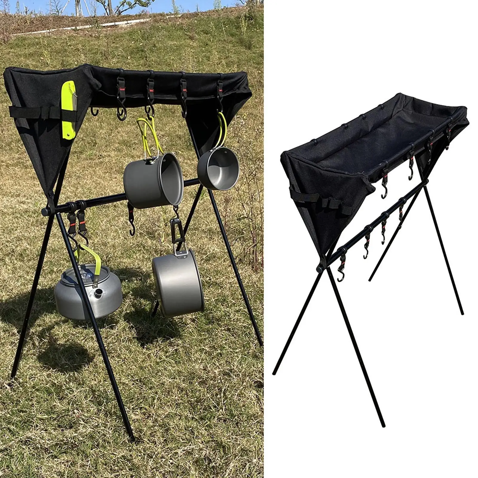 

Outdoor Rack Camping Tableware Organizer Rack Portable TripodTriangle Shelf Cookware Tableware Organizer Tool with 12 Hooks
