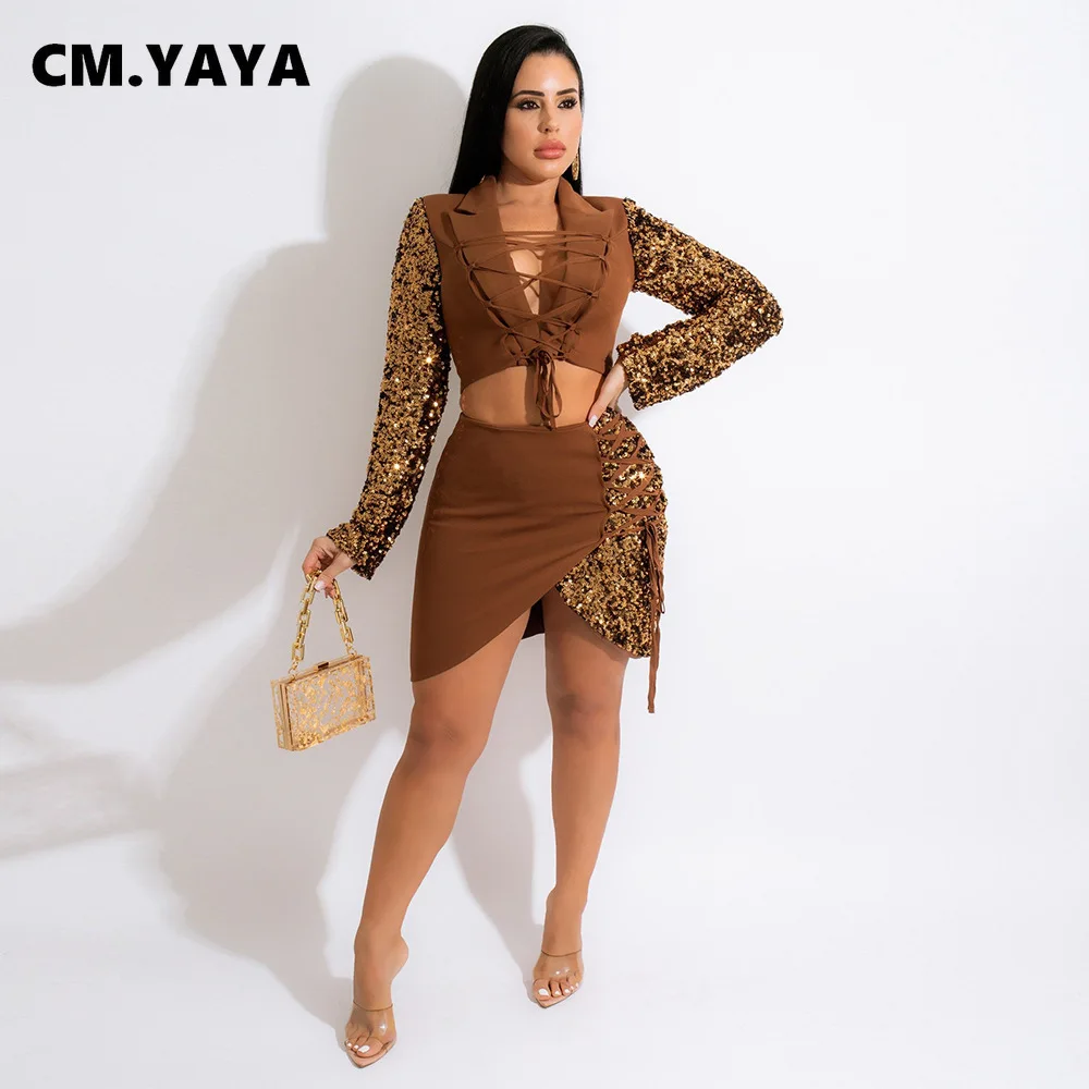 

Женский костюм с мини-юбкой и блестками CM.YAYA, костюм с асимметричной мини-юбкой в стиле пэчворк на шнуровке и пикантный комплект из двух пред...