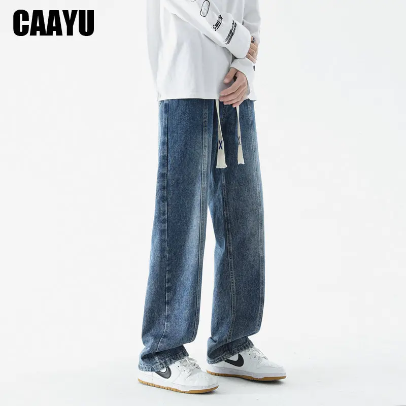 CAAYU 2023 Korean Fashion Jeans Mens Hip Hop Classic Japanese Streetwear Straight-leg Denim Wide-leg Pants Male Light Blue Jeans