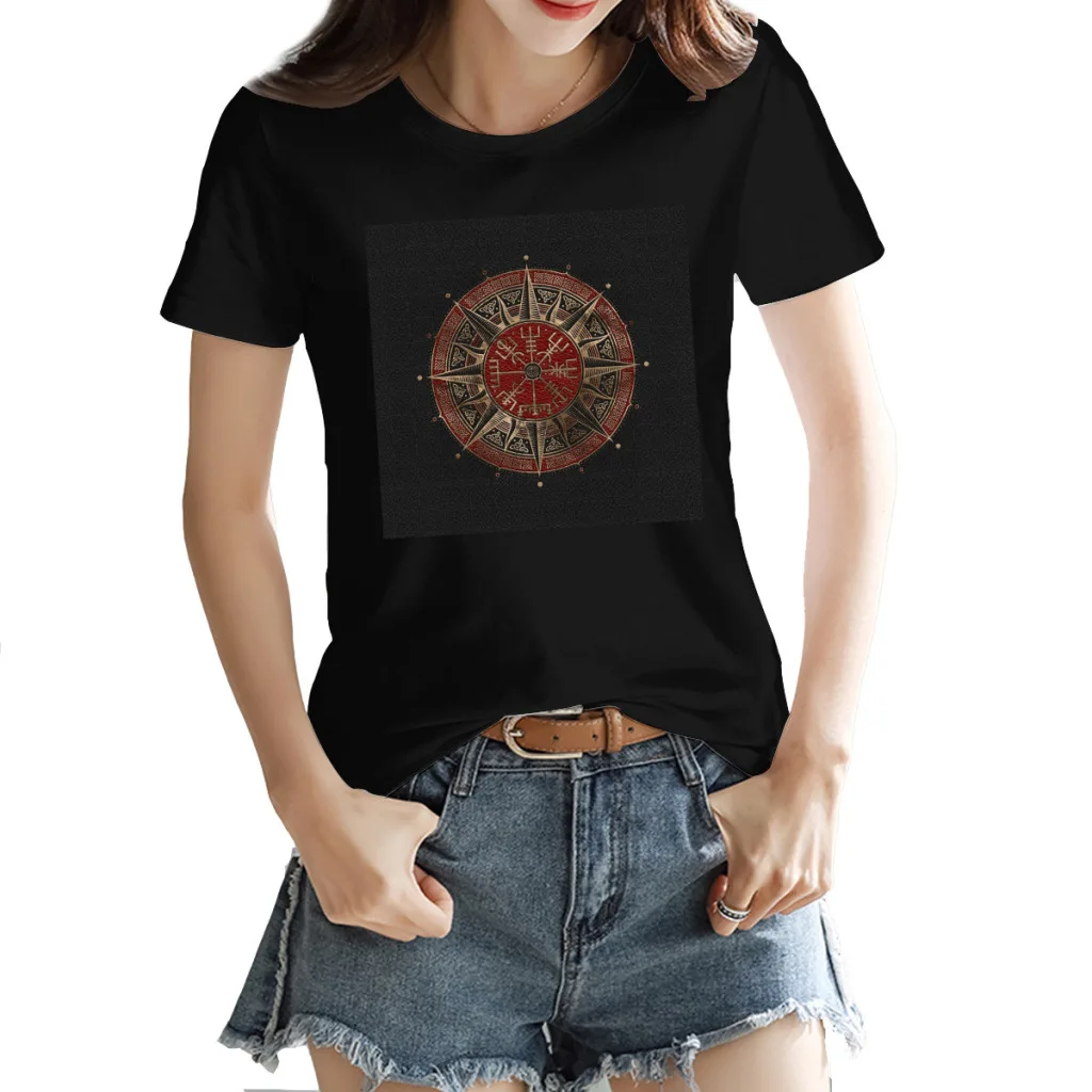 

Vintage Vegvisir Viking Compass Black and red L Crewneck T-shirt Black Nerd HarajukuTops Tees European Size