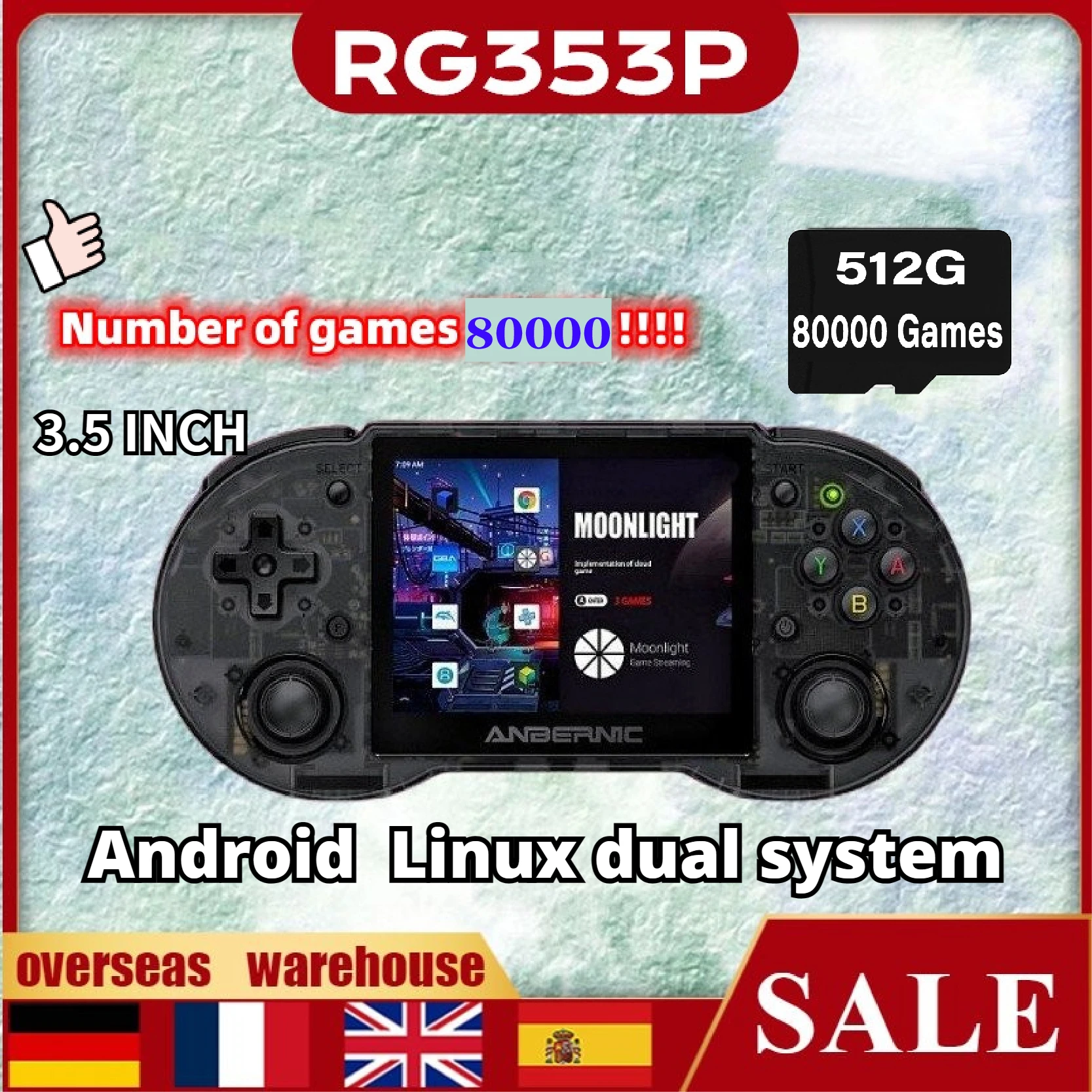 

512G ANBERNIC RG353P New Original Handheld Game Console Android Linux Dual System HDMI 3.5 Inch Multi-touch Screen 80000 Games