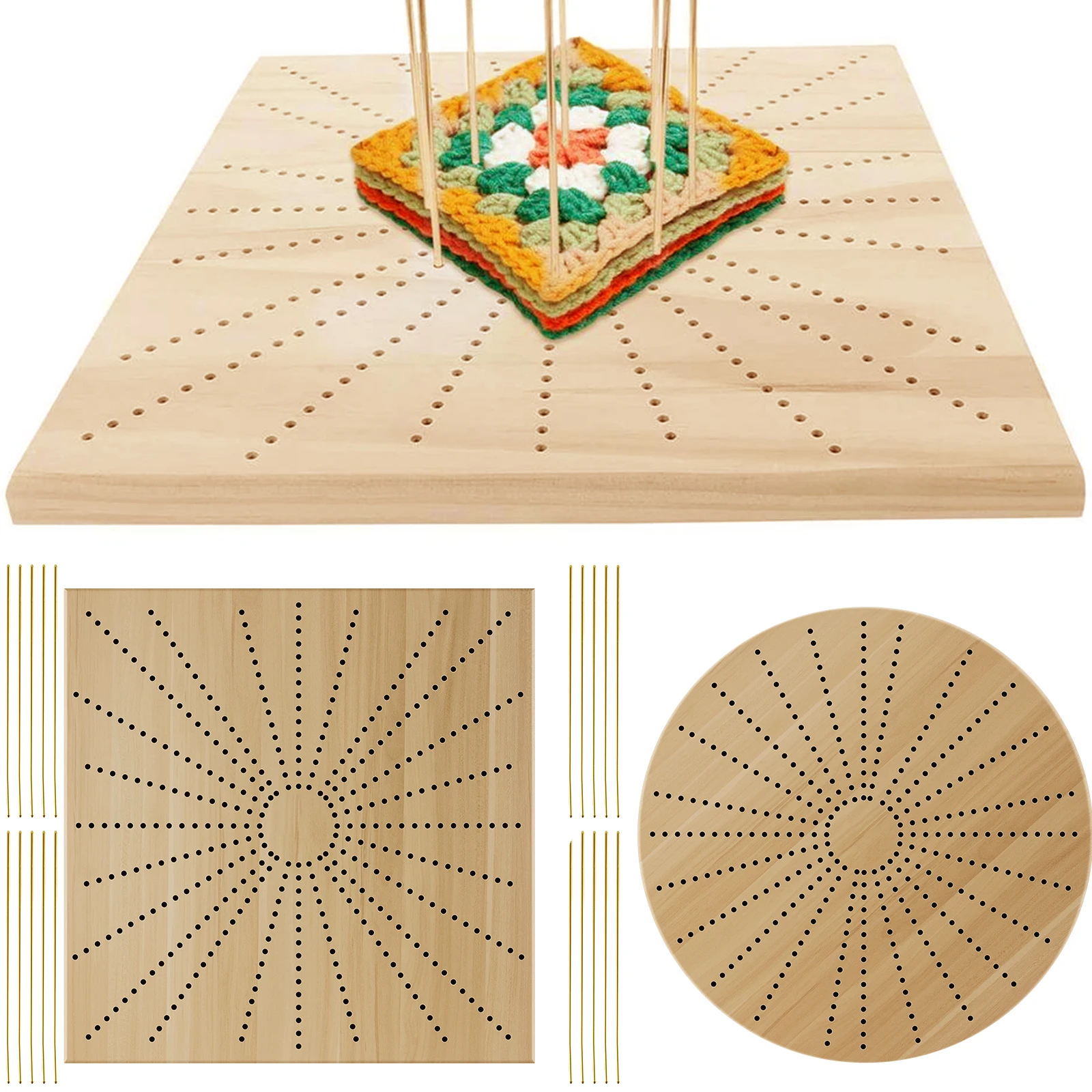 

New 12 Inch Wooden Crochet Blocking Board Reusable Handcrafted Knitting Blocking Boards Set with 10 Golden Aluminium Pins for