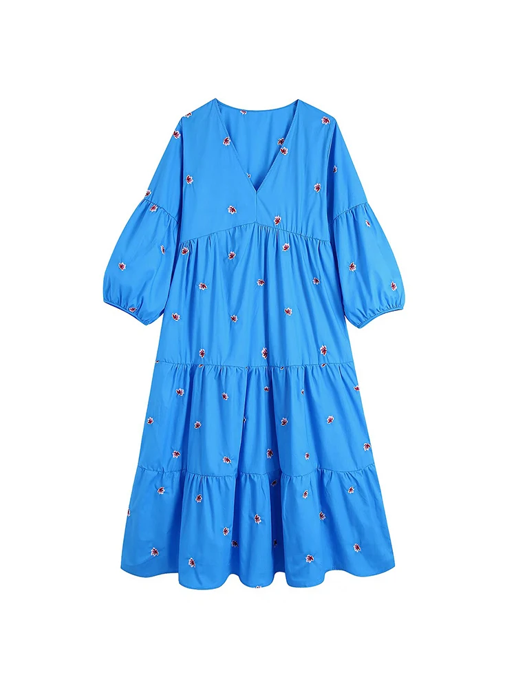 

PB&ZA Women 2022 Spring Summer New Chic Fashion Embroidery Midi Dress Vintage V Neck Long Sleeve Female Dresses Robe Vestidos