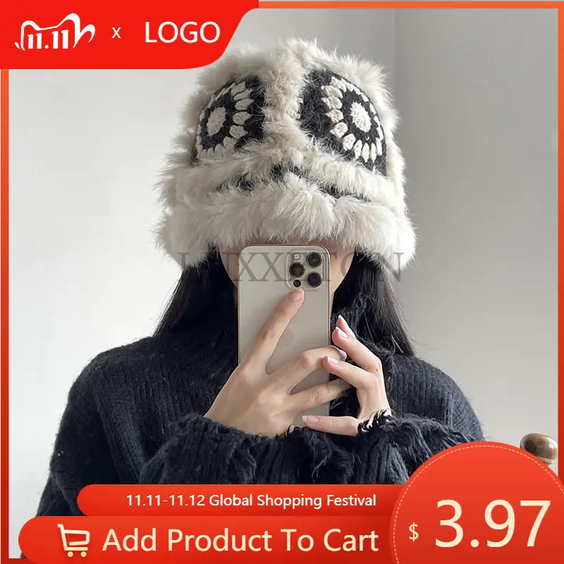 

100% Handmade Crochet Natural Fur Hat Knitted Genuine Mink Hat Russian Women's Luxury Panama Fur Hat Wool Winter2022 LUXXETON