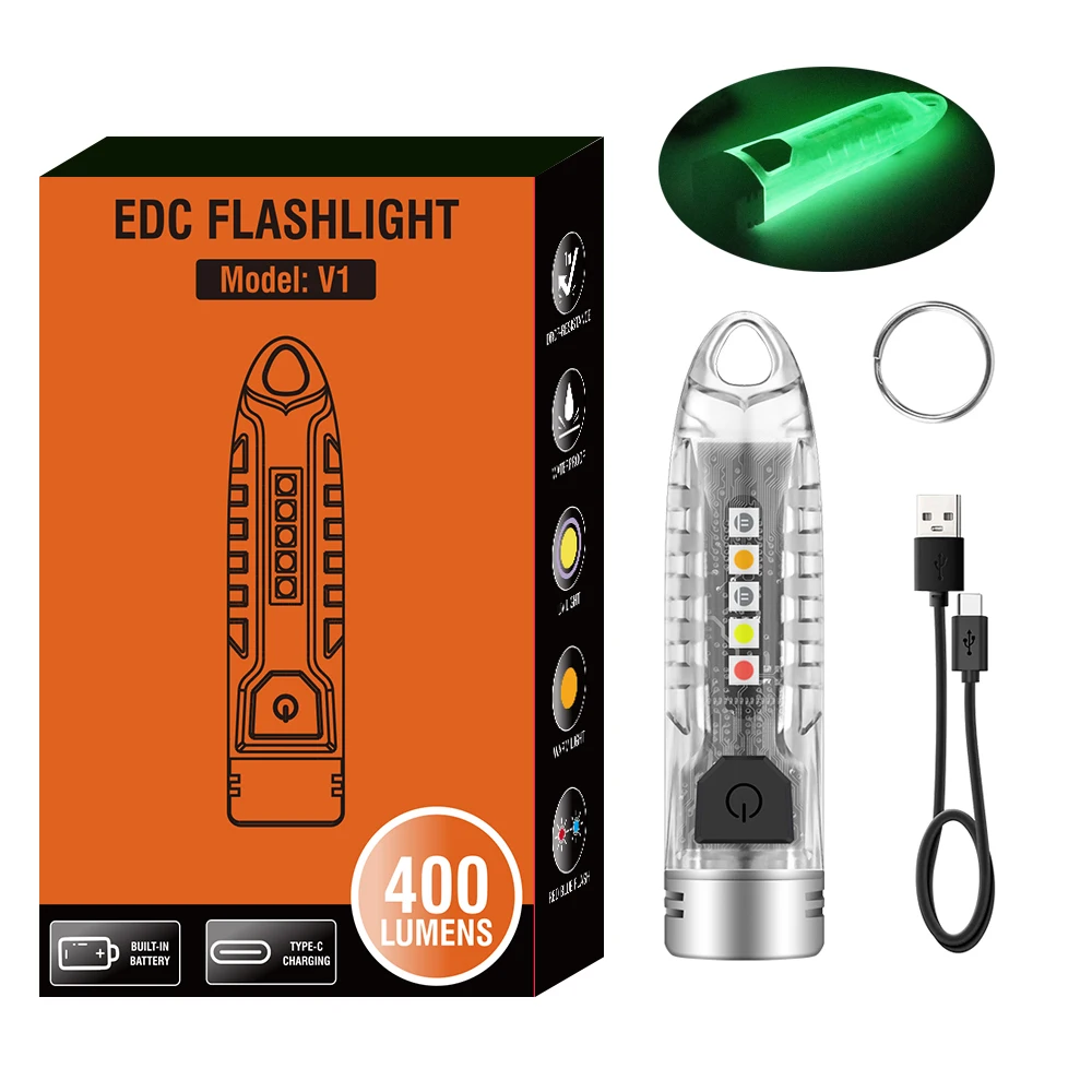 BORUiT V1 LED Keychain Portable Fluorescent EDC Flashlight Work Light Type-C Rechargeable Mini Torch UV Camping Pocket Lantern