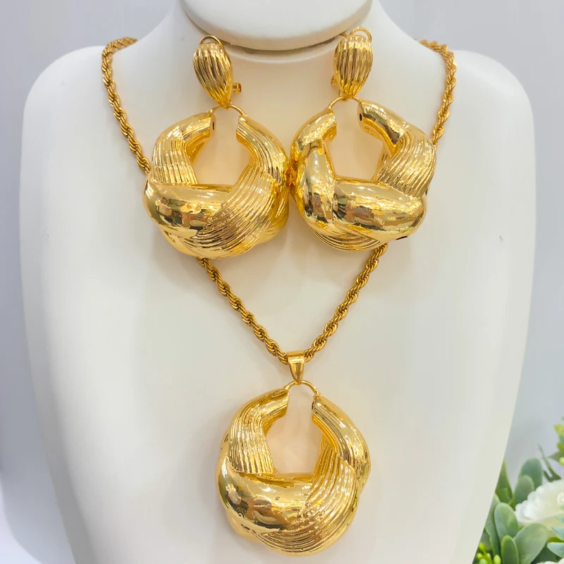 

Italy Luxury Big Wedding Jewelry Set for Women 24K Gold Plated Necklace Hoop Earrings Nigerian Set Party Jewelry Accessories