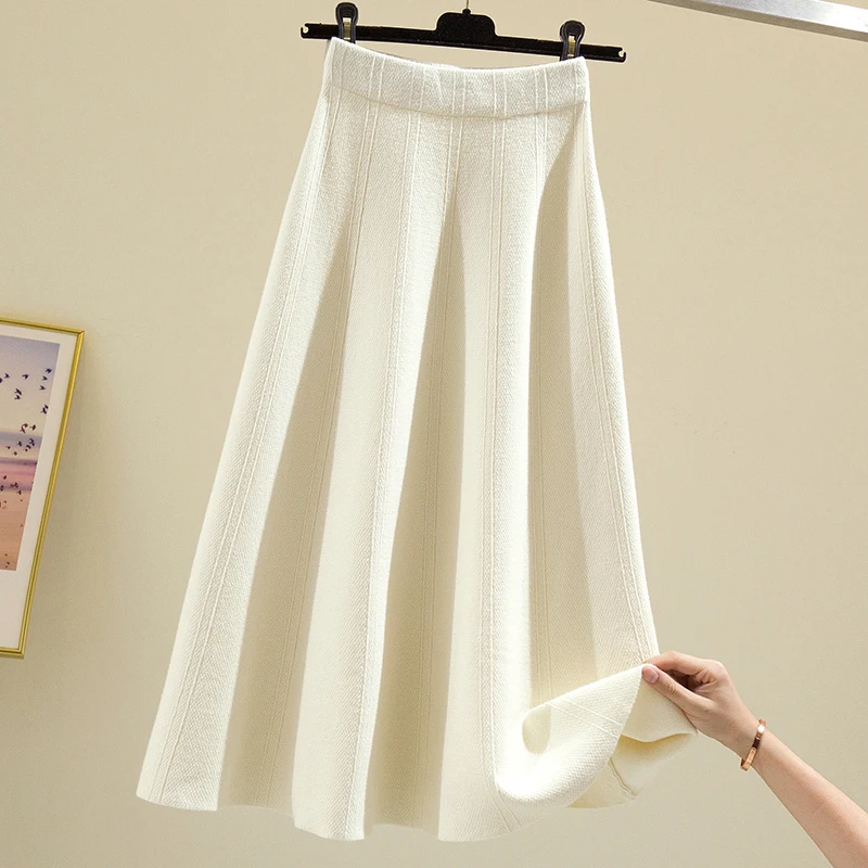 

New Casual Loose Knitted Women's Skirt A-line Elastic Waist Big Swing Midi Skirts Woman Clothes Spring Autumn Plus Size