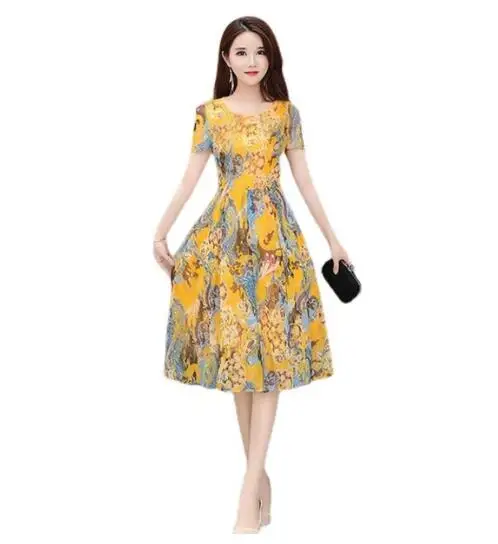 

Summer Women's Plus Size Chiffon Round Neck A-Line Slim Fashion Vestidos Print Short Party Dresses