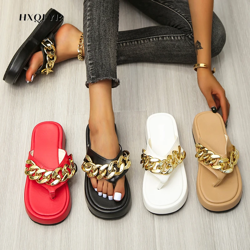 Женские сандалии на плоской подошве босоножки с золотистой цепочкой