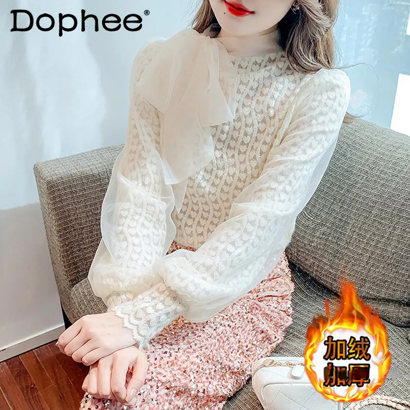 

Chic Mesh Bow Top Women's Autumn and Winter Clothing 2022 New Fleece-Lined Thickened Temperament Lace Shirt Apricot Blouses