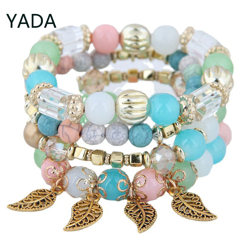

YADA 2023 Bohemian Gold Color Leaf Bracelets Bangles Charm For Women Weave Rope Bracelet Jewelry Multi-layer Bracelet BT230011