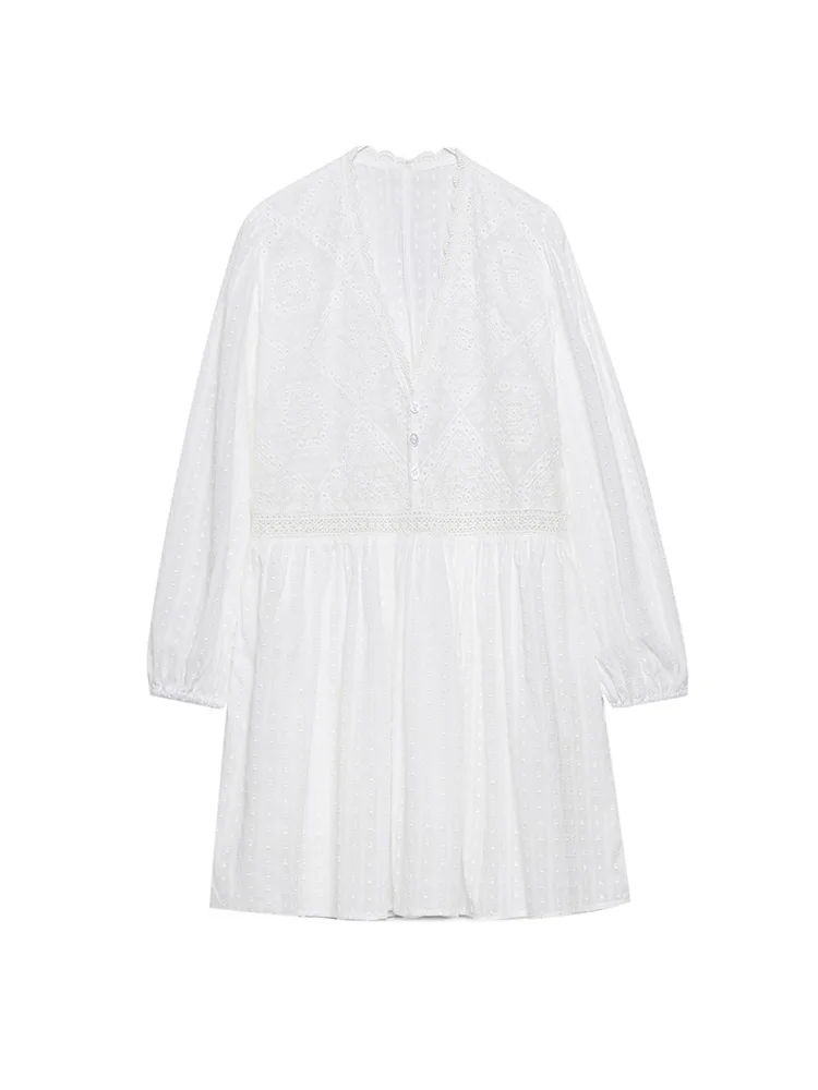 

Women Clothing Dresses 2022 Vintage Embroidery Casual Cotton Mini Dress Front Buttoned V Neck Long Sleeve Lace Trim White Dress